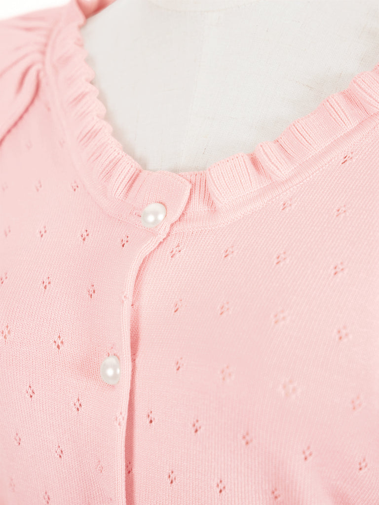 驚喜促銷!粉紅色分層荷葉邊肩挑窿開襟衫