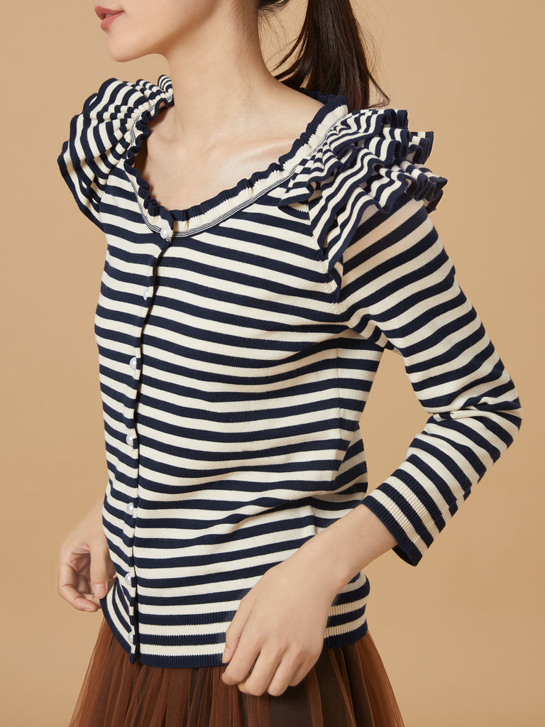 Surprise Sale! Navy/ cream Tiered Ruffle Shoulder Striped Cardigan
