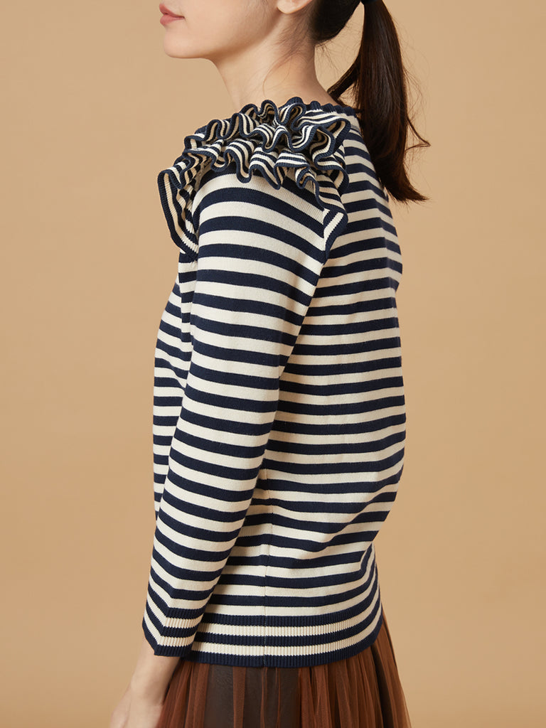 Surprise Sale! Navy/ cream Tiered Ruffle Shoulder Striped Cardigan