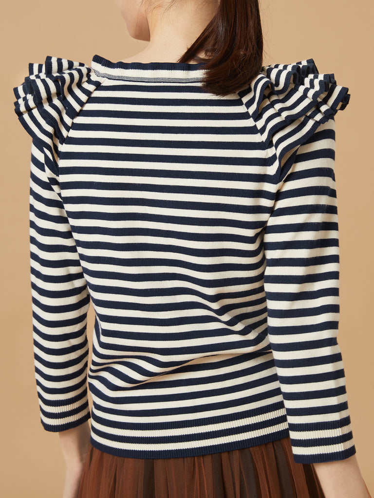 Surprise Sale! Navy/ cream Tiered Ruffle Shoulder Striped Cardigan