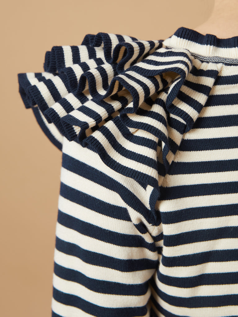 Surprise Sale! Navy/ cream Tiered Ruffle Shoulder Striped Cardigan
