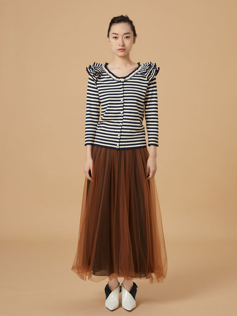 Surprise Sale! Navy/ cream Tiered Ruffle Shoulder Striped Cardigan