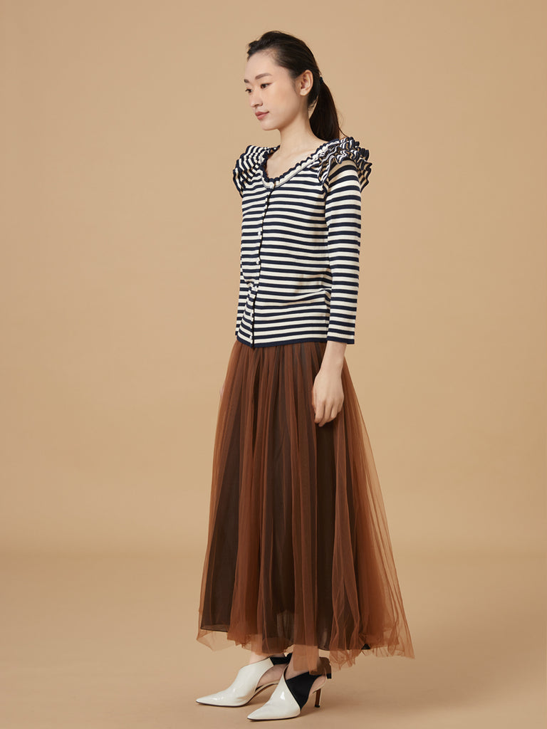 Surprise Sale! Navy/ cream Tiered Ruffle Shoulder Striped Cardigan