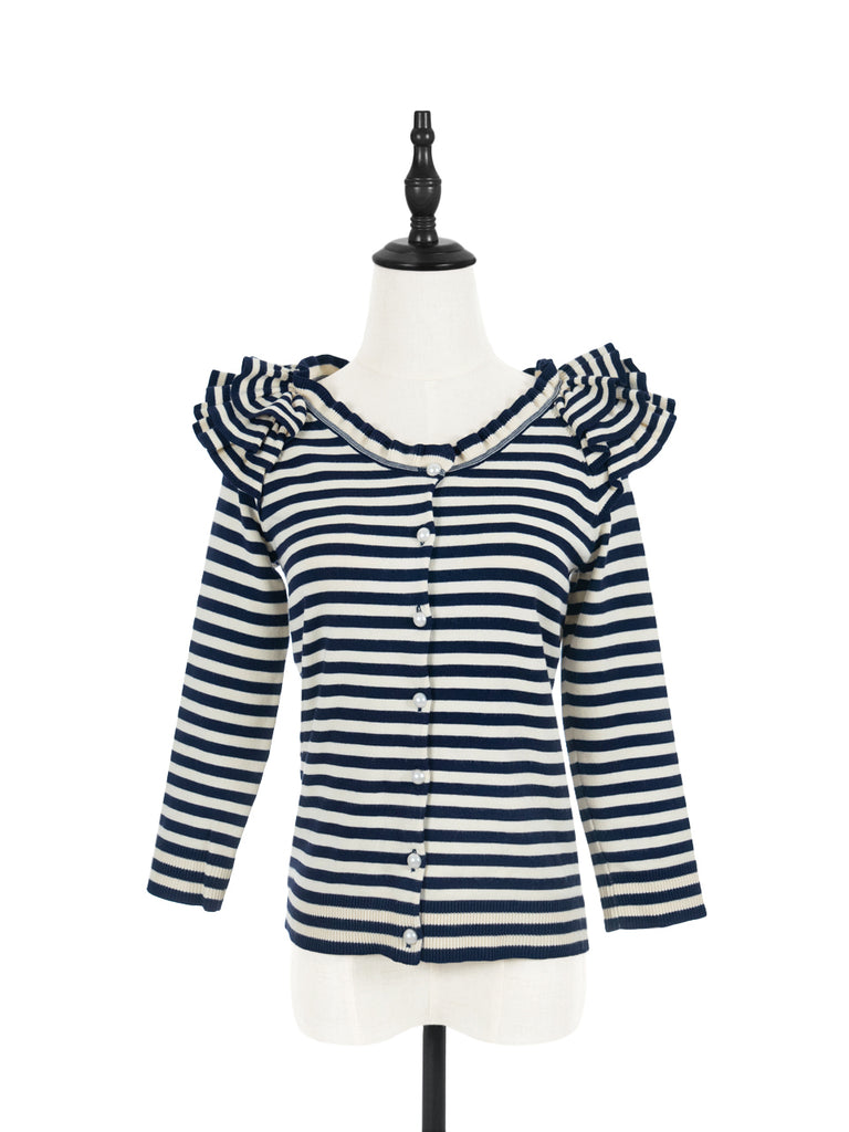 Surprise Sale! Navy/ cream Tiered Ruffle Shoulder Striped Cardigan
