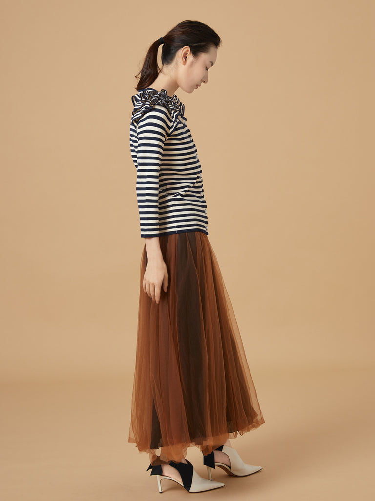 Surprise Sale! Navy/ cream Tiered Ruffle Shoulder Striped Cardigan