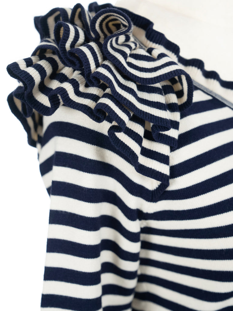 Surprise Sale! Navy/ cream Tiered Ruffle Shoulder Striped Cardigan