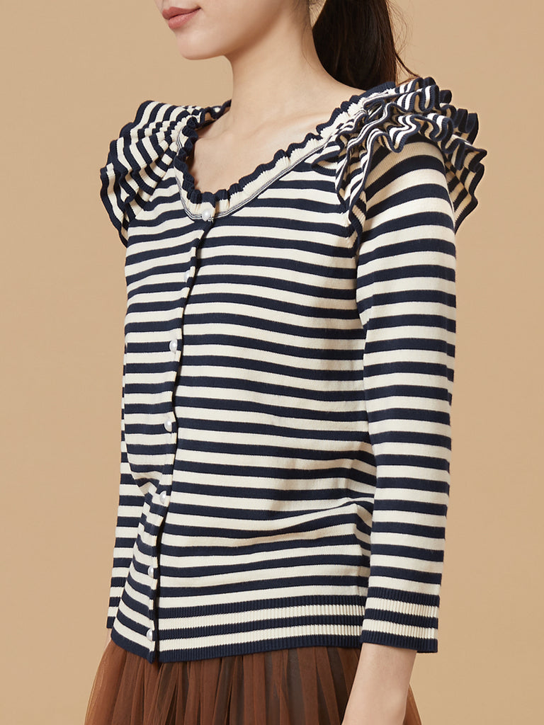 Surprise Sale! Navy/ cream Tiered Ruffle Shoulder Striped Cardigan