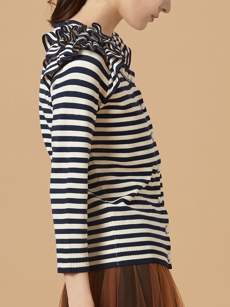 Surprise Sale! Navy/ cream Tiered Ruffle Shoulder Striped Cardigan