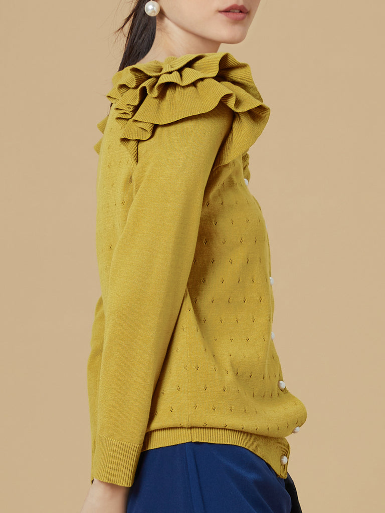 Surprise Sale! Yellow Tiered Ruffle Shoulder Pointelle Cardigan