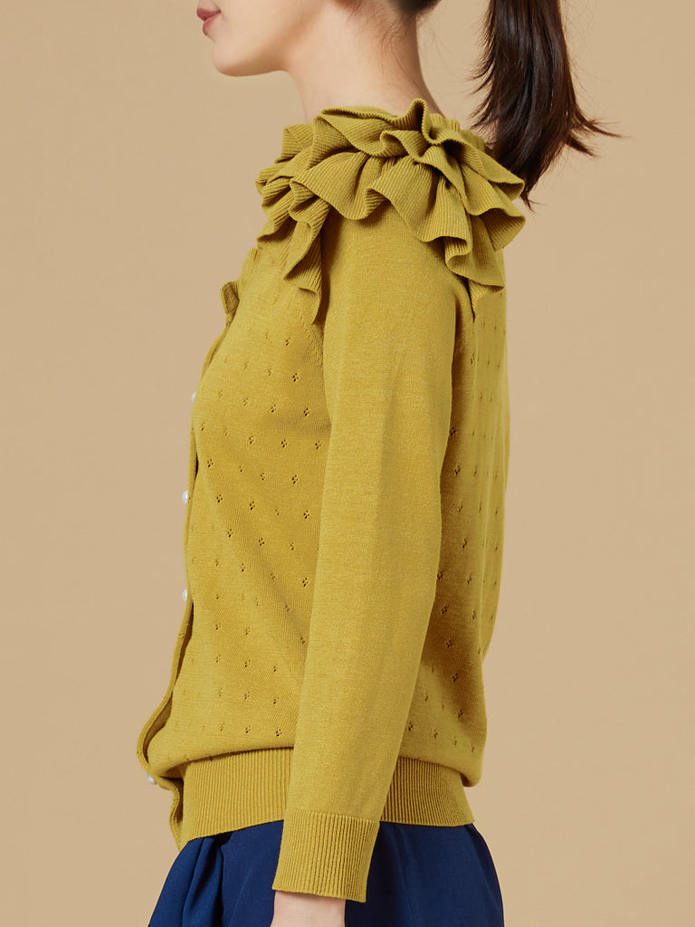 Surprise Sale! Yellow Tiered Ruffle Shoulder Pointelle Cardigan