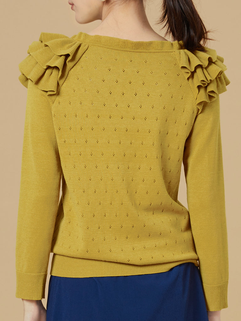 Surprise Sale! Yellow Tiered Ruffle Shoulder Pointelle Cardigan