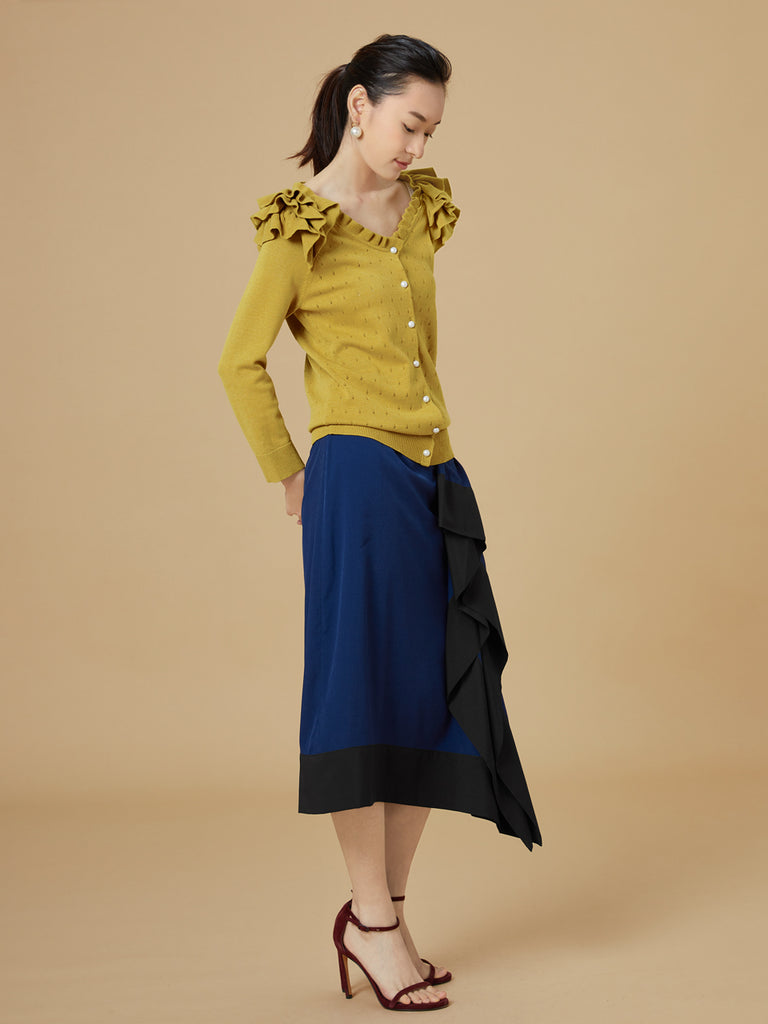 Surprise Sale! Yellow Tiered Ruffle Shoulder Pointelle Cardigan