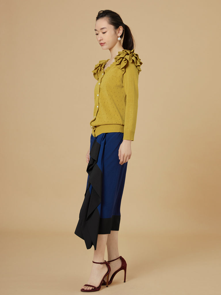 Surprise Sale! Yellow Tiered Ruffle Shoulder Pointelle Cardigan