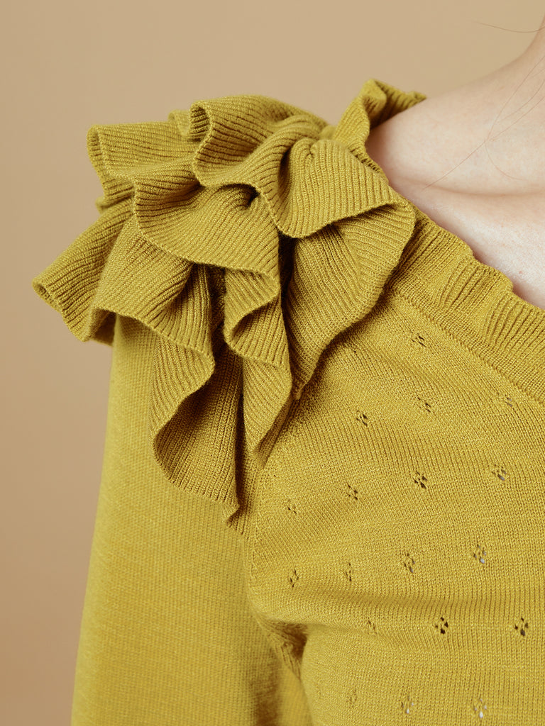 Surprise Sale! Yellow Tiered Ruffle Shoulder Pointelle Cardigan