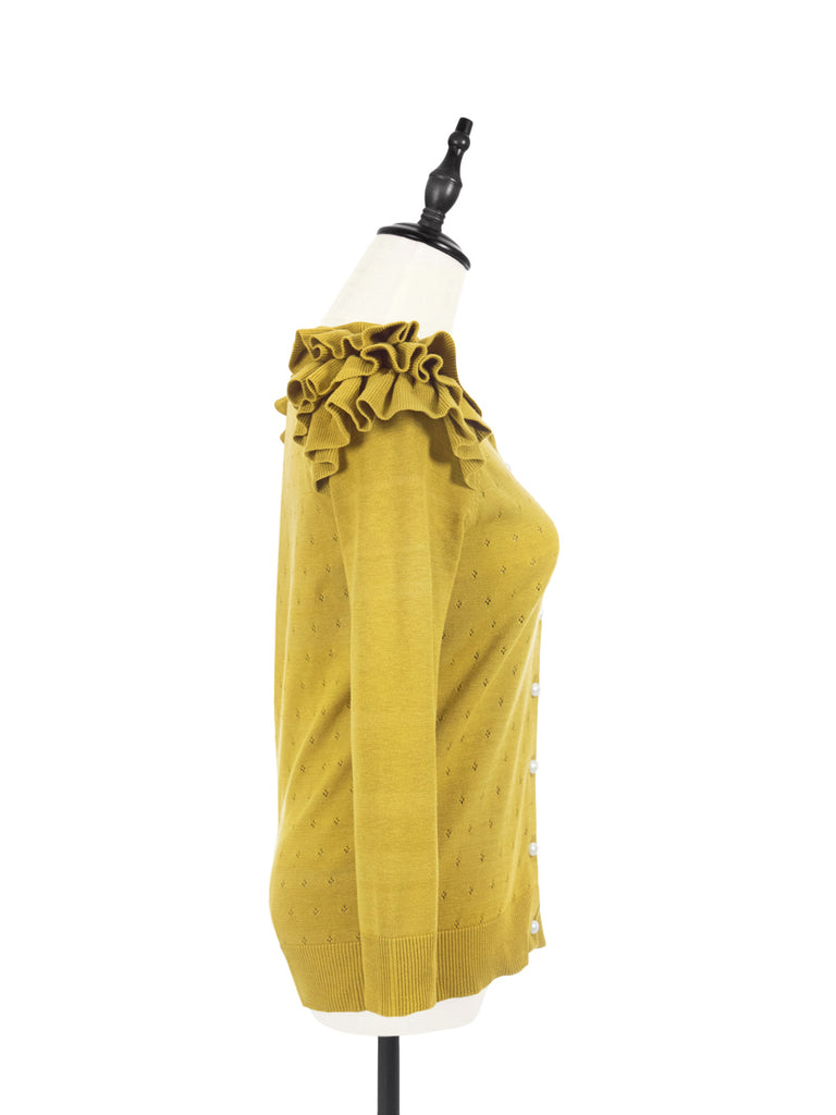 Surprise Sale! Yellow Tiered Ruffle Shoulder Pointelle Cardigan