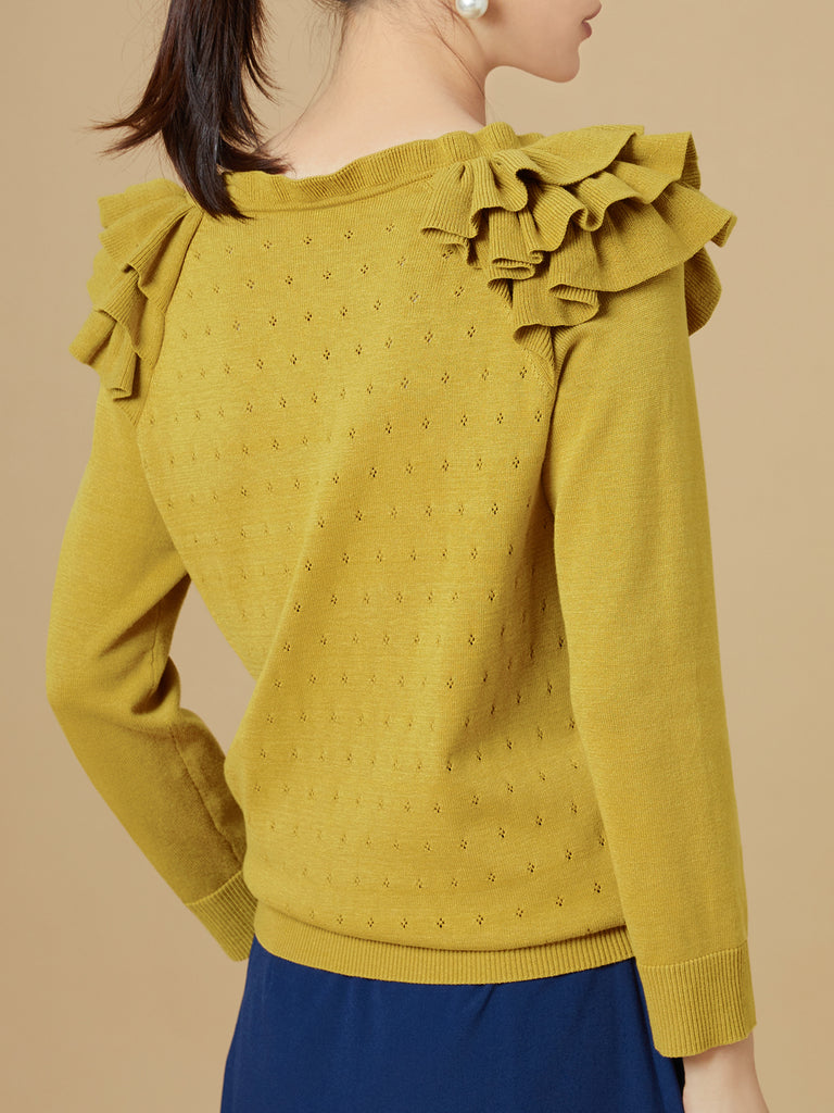 Surprise Sale! Yellow Tiered Ruffle Shoulder Pointelle Cardigan