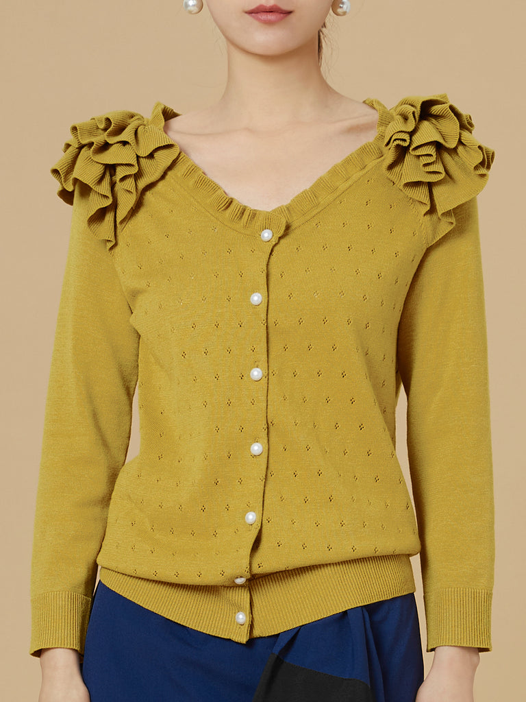 Surprise Sale! Yellow Tiered Ruffle Shoulder Pointelle Cardigan