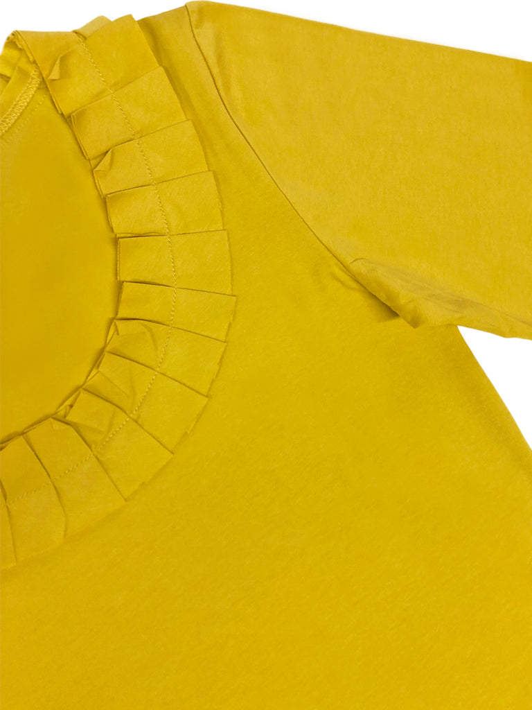 Surprise Sale! Yellow Pleated Ruffle Collar Short Sleeves Cotton Blend Tee