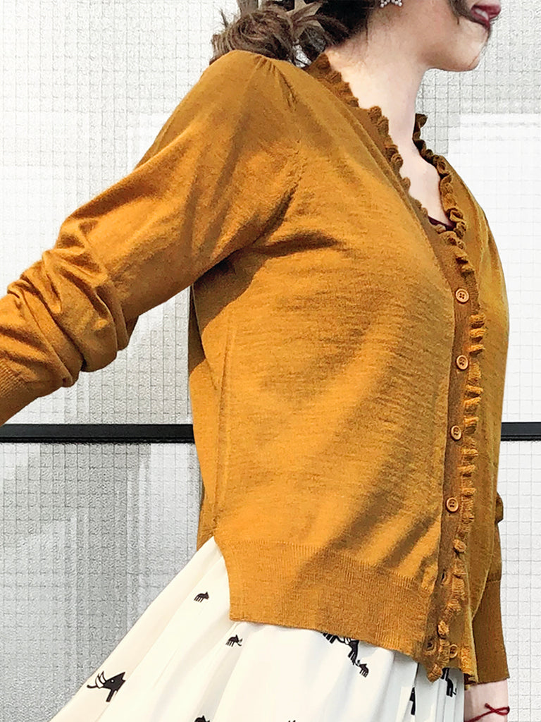 Surprise Sale! Dark Mustard Double V-Neck Frill Detail Cashmere Blend Cardigan Top