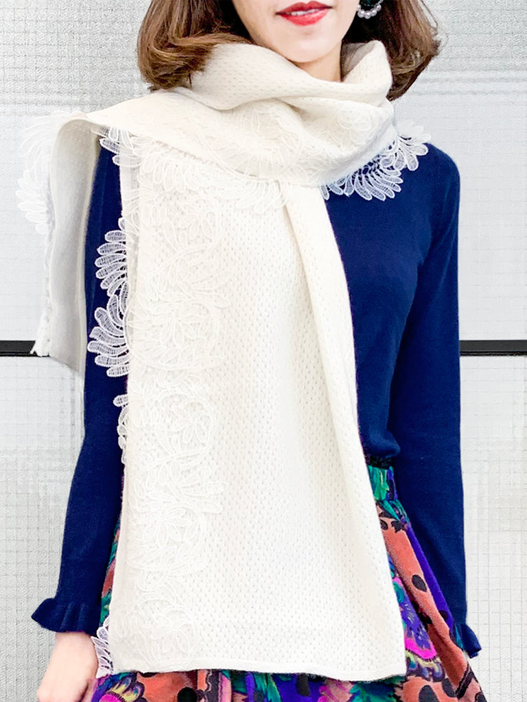 Surprise Sale! Ivory Embroidery Lace Trims Pure Luxe Cashmere Wrap