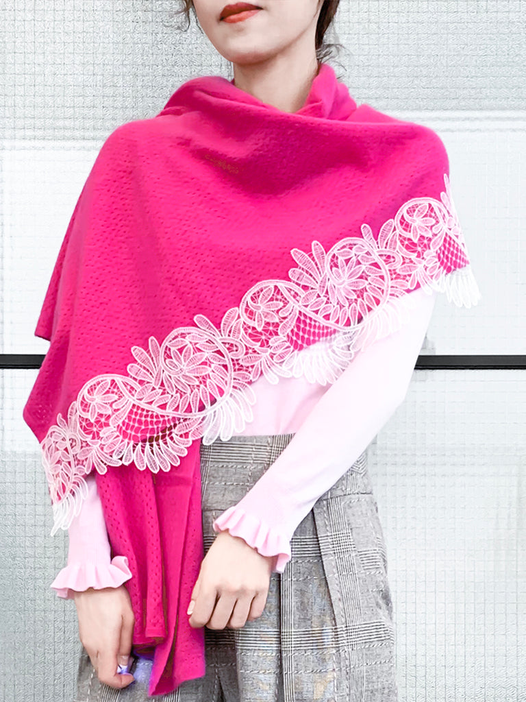 Surprise Sale! Fuchsia Embroidery Lace Trims Pure Luxe Cashmere Wrap