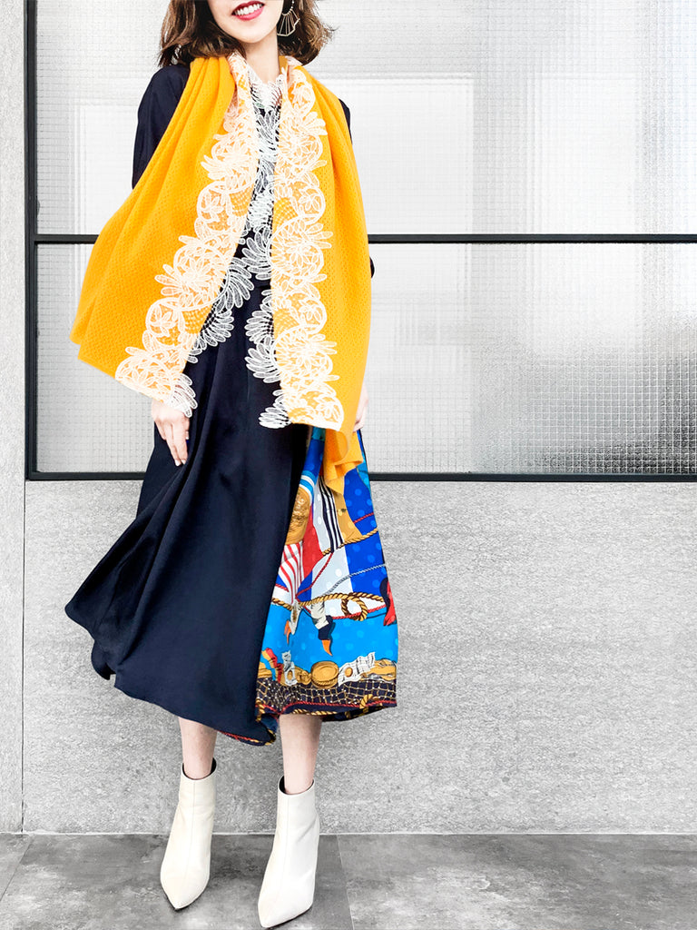 Surprise Sale! Mango Yellow Embroidery Lace Trims Pure Luxe Cashmere Wrap