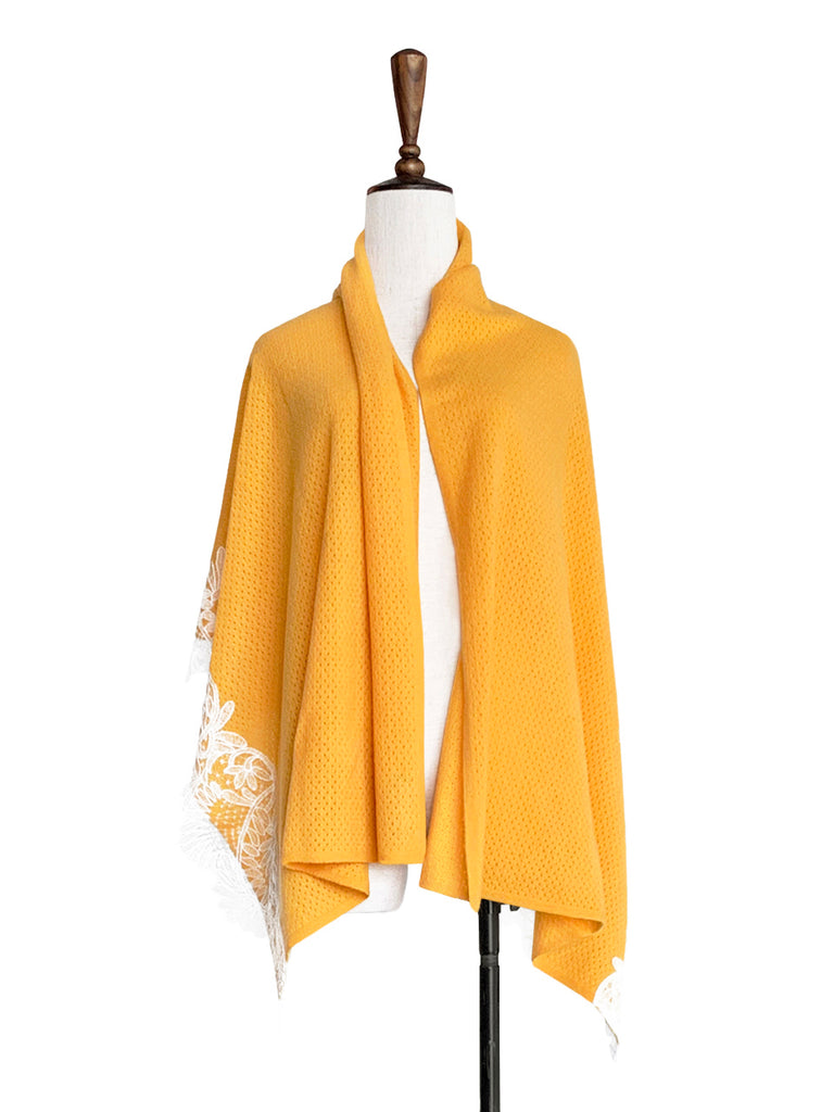 Surprise Sale! Mango Yellow Embroidery Lace Trims Pure Luxe Cashmere Wrap