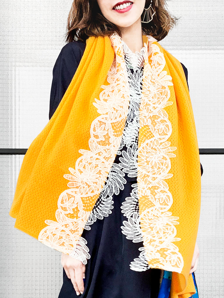 Surprise Sale! Mango Yellow Embroidery Lace Trims Pure Luxe Cashmere Wrap