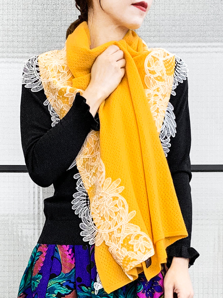 Surprise Sale! Mango Yellow Embroidery Lace Trims Pure Luxe Cashmere Wrap