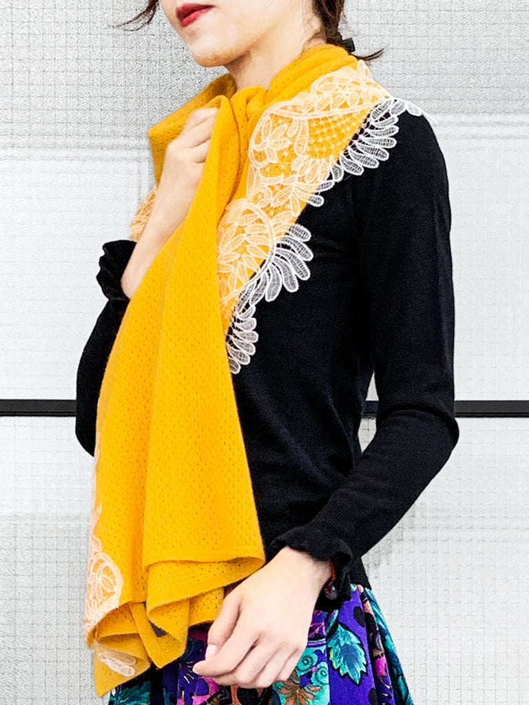 Surprise Sale! Mango Yellow Embroidery Lace Trims Pure Luxe Cashmere Wrap