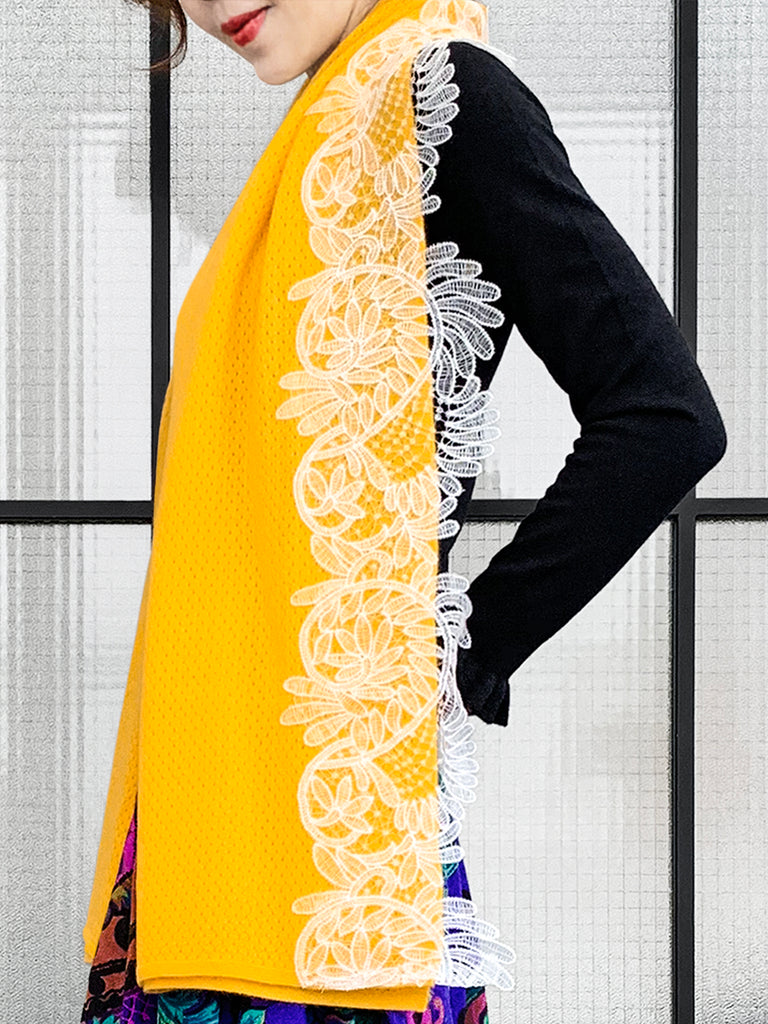 Surprise Sale! Mango Yellow Embroidery Lace Trims Pure Luxe Cashmere Wrap