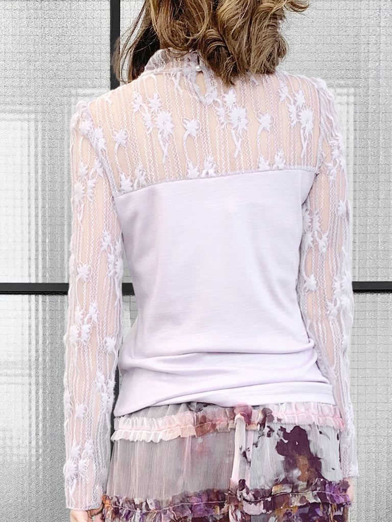 驚喜促銷!淡紫色蕾絲網狀抵肩長袖羊毛 T 卹