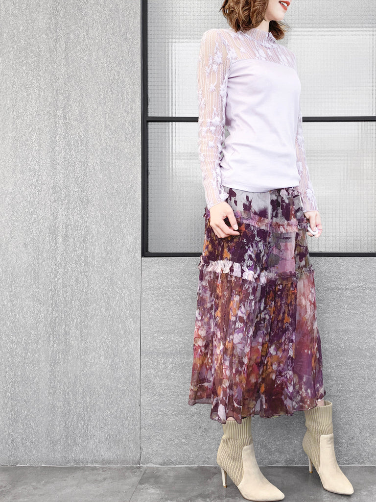 驚喜促銷!淡紫色蕾絲網狀抵肩長袖羊毛 T 卹