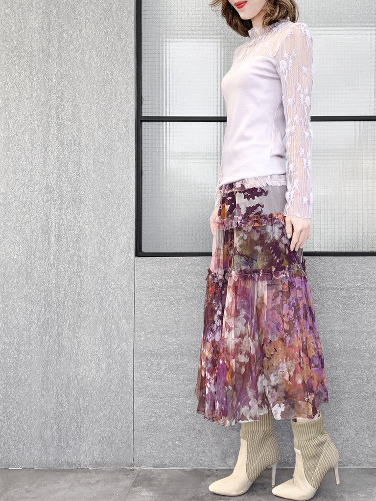 驚喜促銷!淡紫色蕾絲網狀抵肩長袖羊毛 T 卹