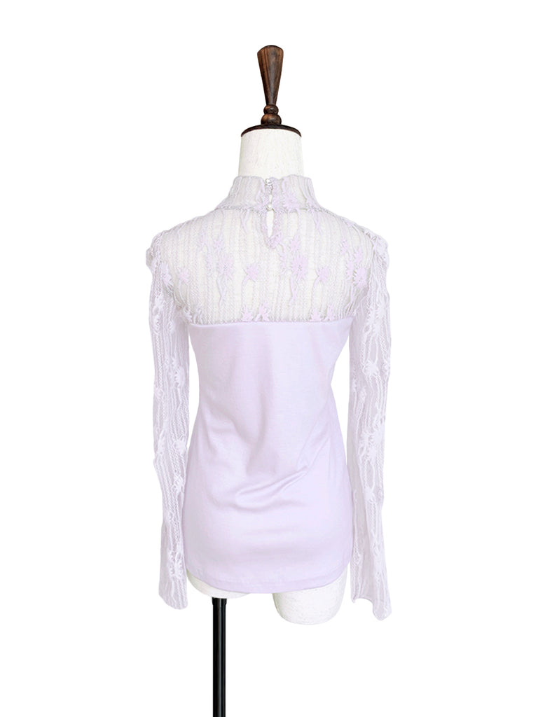 驚喜促銷!淡紫色蕾絲網狀抵肩長袖羊毛 T 卹