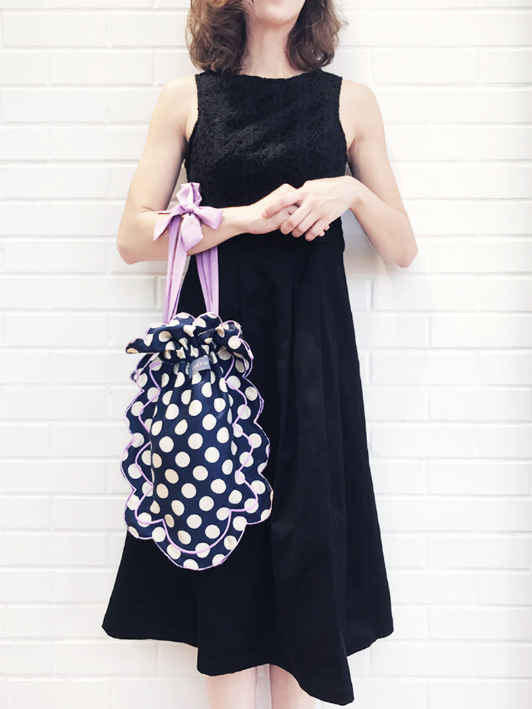 Surprise Sale! Navy Dots Scalloped Drawstring Silky Shopper