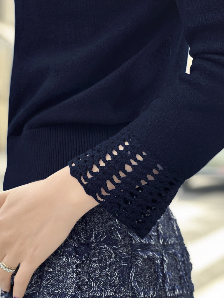 驚喜促銷!鉤編細節羊絨羊毛混紡毛衣