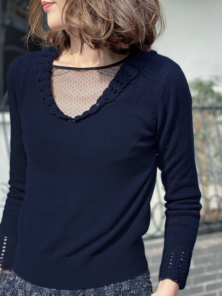 驚喜促銷!鉤編細節羊絨羊毛混紡毛衣