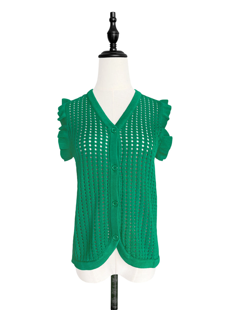 Surprise Sale! Spring Green Crochet Ruffle Knitted Button Front Cotton Vest