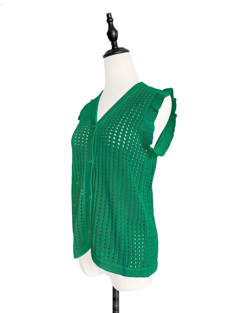 Surprise Sale! Spring Green Crochet Ruffle Knitted Button Front Cotton Vest