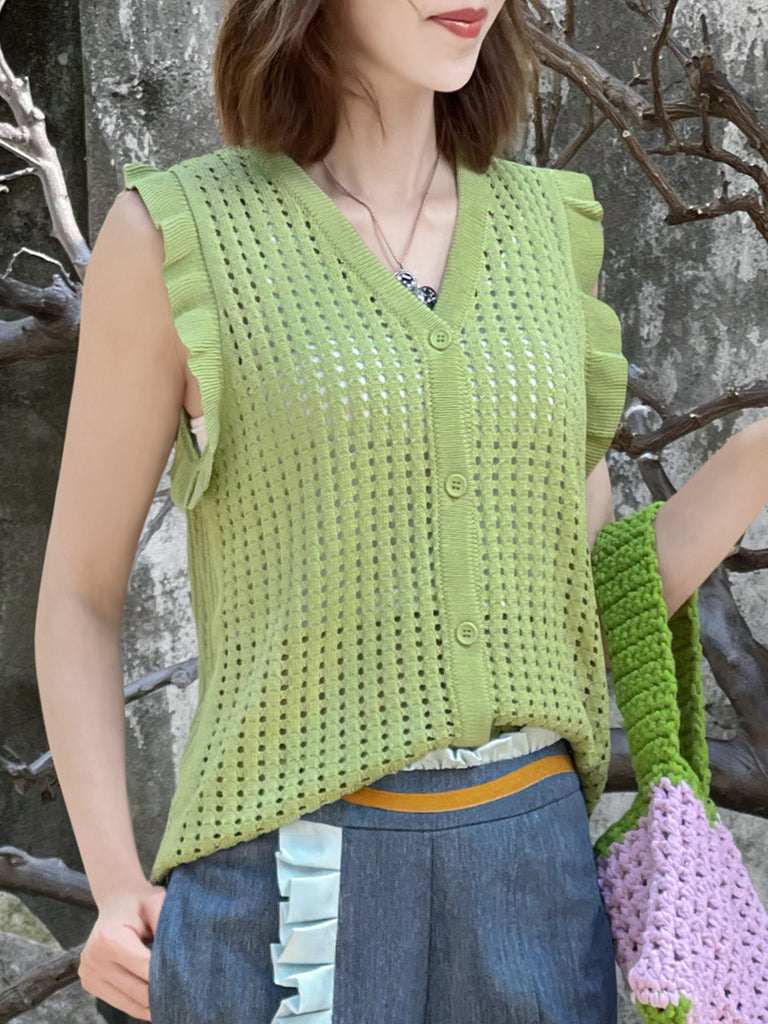 Last Chance! Lime Green Crochet Ruffle Knitted Button Front Cotton Vest