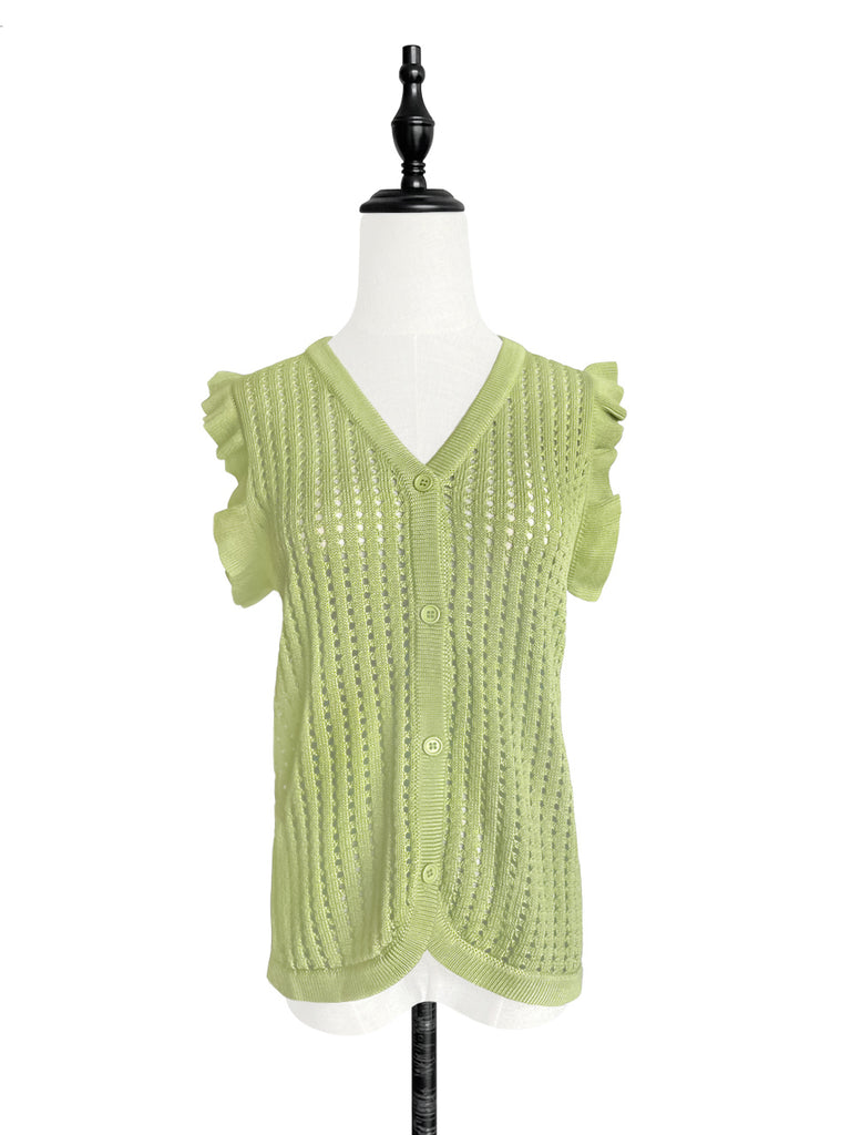 Last Chance! Lime Green Crochet Ruffle Knitted Button Front Cotton Vest