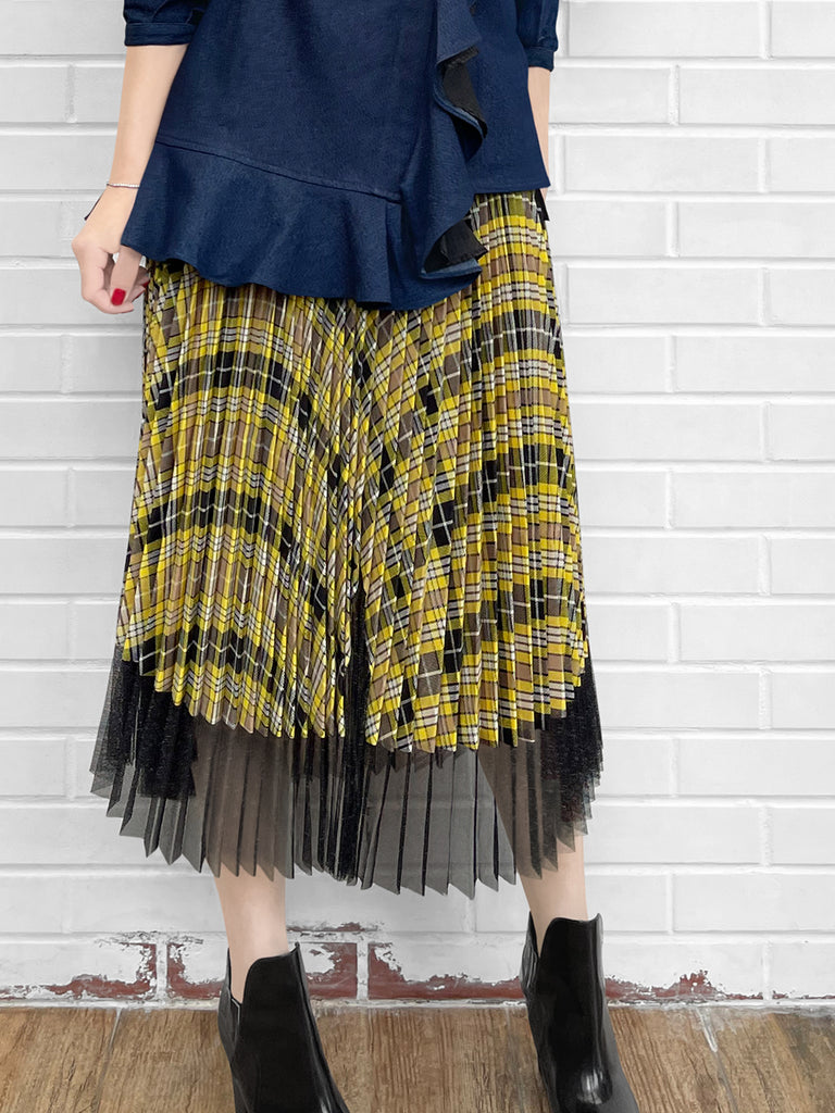 Final Sale! Tartan Asymmetrical Shimmer Mesh Pleated Midi-Skirt