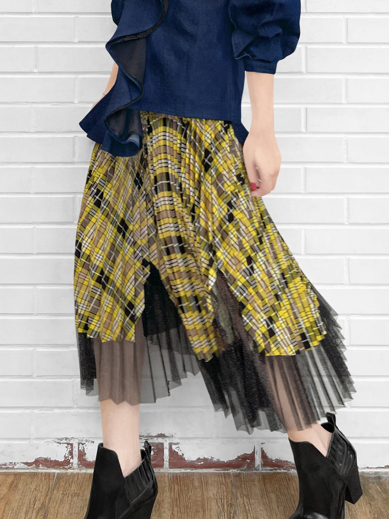 Final Sale! Tartan Asymmetrical Shimmer Mesh Pleated Midi-Skirt