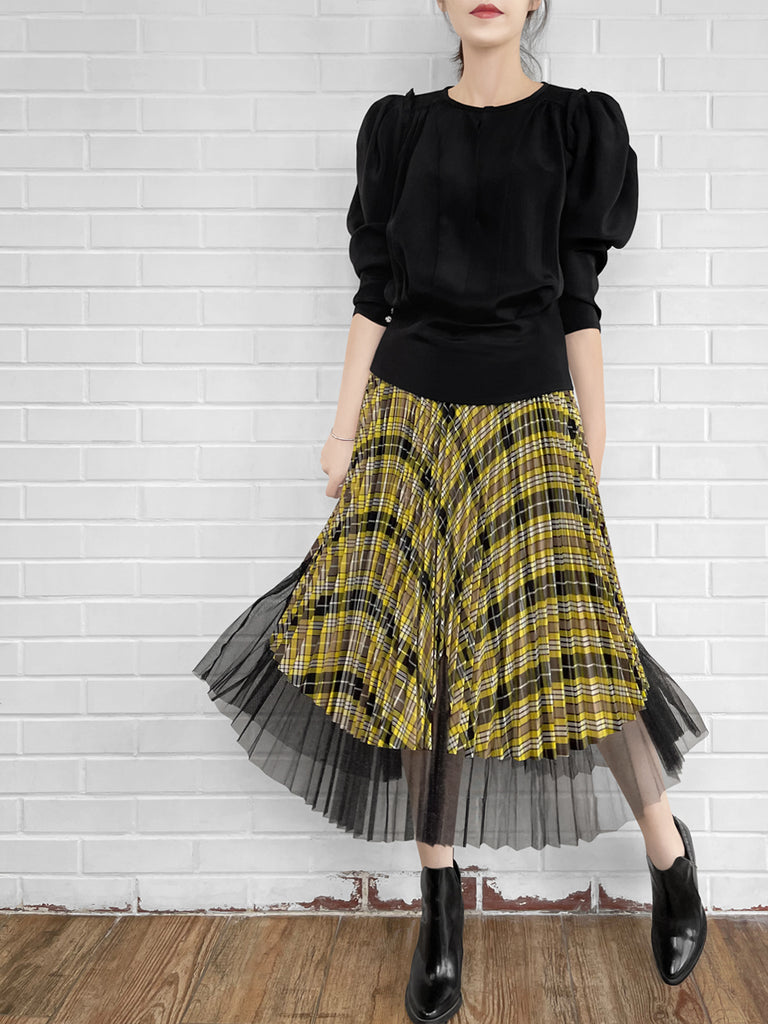 Final Sale! Tartan Asymmetrical Shimmer Mesh Pleated Midi-Skirt