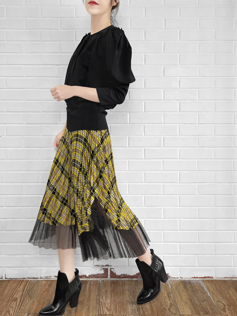 Final Sale! Tartan Asymmetrical Shimmer Mesh Pleated Midi-Skirt