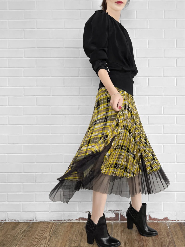 Final Sale! Tartan Asymmetrical Shimmer Mesh Pleated Midi-Skirt