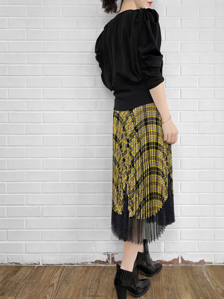 Final Sale! Tartan Asymmetrical Shimmer Mesh Pleated Midi-Skirt
