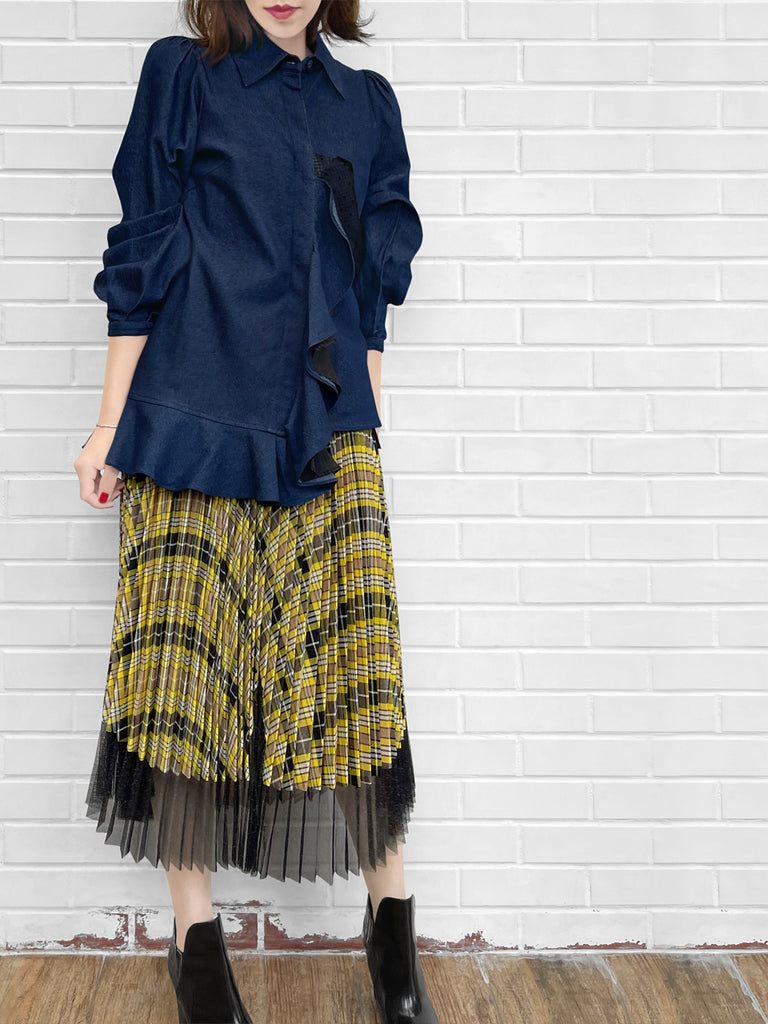 Final Sale! Tartan Asymmetrical Shimmer Mesh Pleated Midi-Skirt