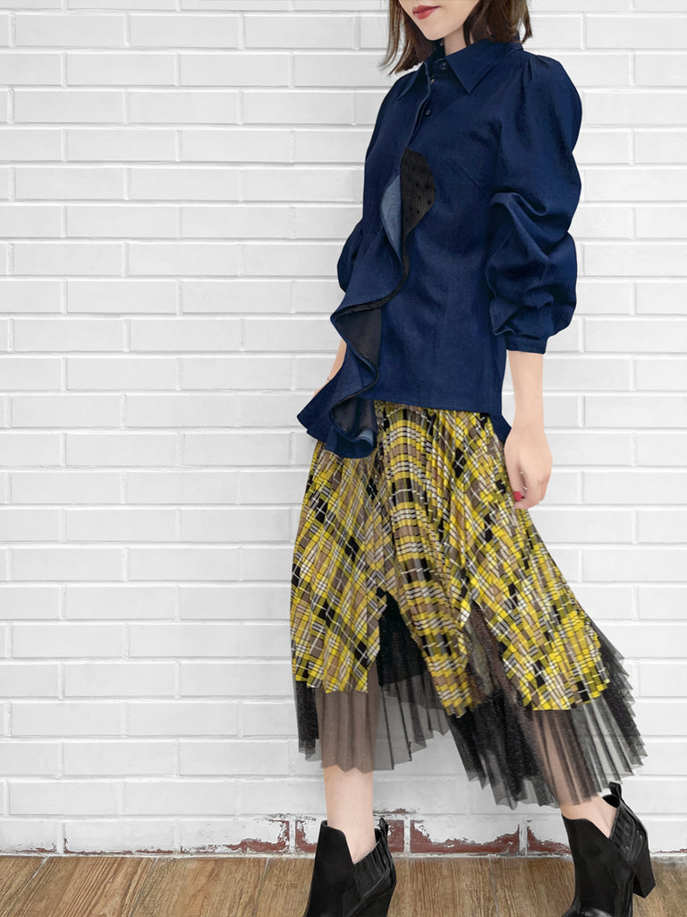 Final Sale! Tartan Asymmetrical Shimmer Mesh Pleated Midi-Skirt